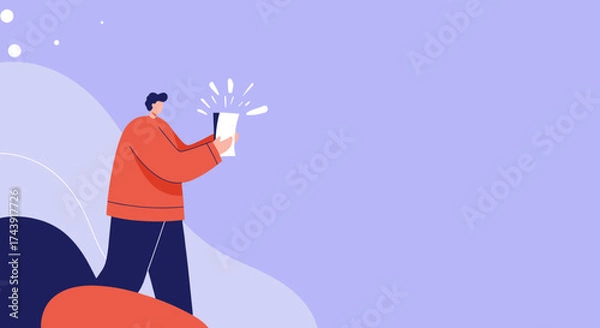 Obraz Man holding a glowing digital device symbolizing new information success or digital communication