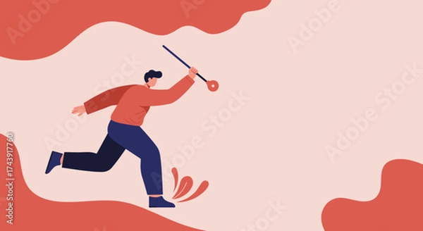 Fototapeta Determined man running with a pole symbolizing progress goal pursuit and active effort