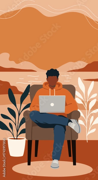 Fototapeta Man working on laptop in a cozy home environment with a scenic background