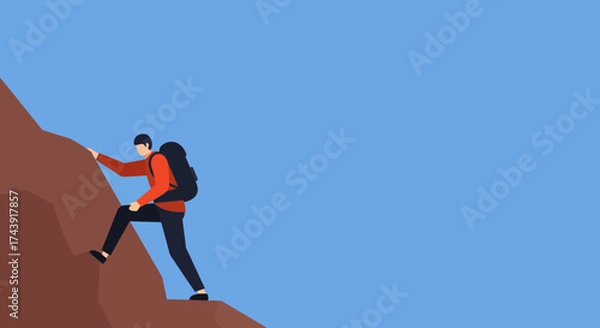 Fototapeta Man with backpack climbing mountain Concept of challenge success adventure progress travel