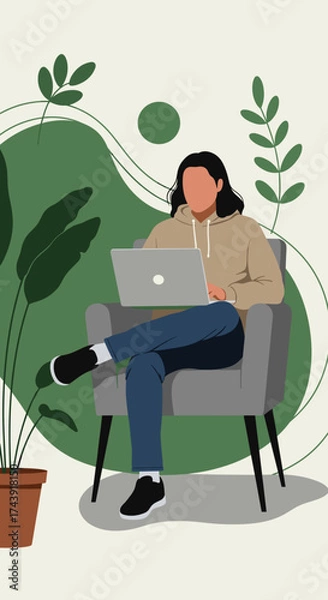 Fototapeta Person working remotely on laptop in a comfortable green home office setting