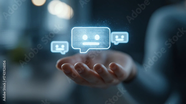 Fototapeta Hand holding digital chat bubbles representing ai or chatbot technology