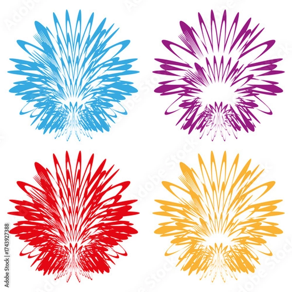 Fototapeta Abstract radial bursts. Colorful explosion shapes. Dynamic firework Vector. White background set.