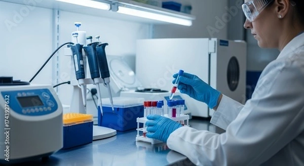 Obraz Female scientist wearing safety goggles analyzes blood sample in test tube at modern laboratory, concept for medical research, vaccine development and pharmaceutical production