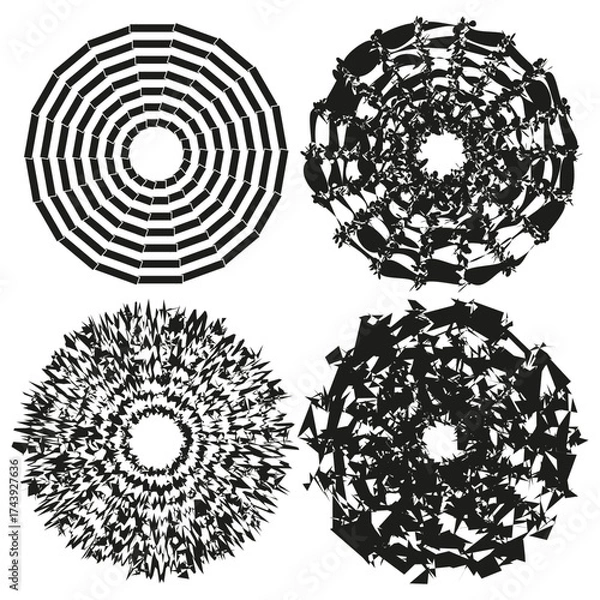 Fototapeta Concentric radial elements. Four abstract round shapes. Black white Vector contrast. Textured circular design.