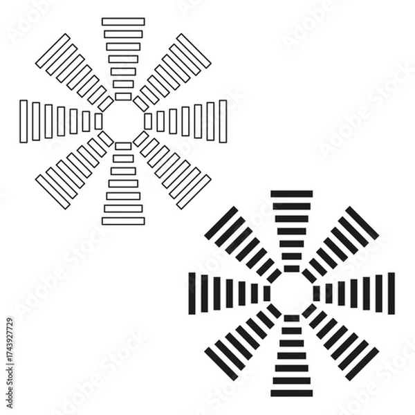 Fototapeta Radial geometric shapes. Three starburst elements. Abstract rotation Vector icons. Black white minimal set.