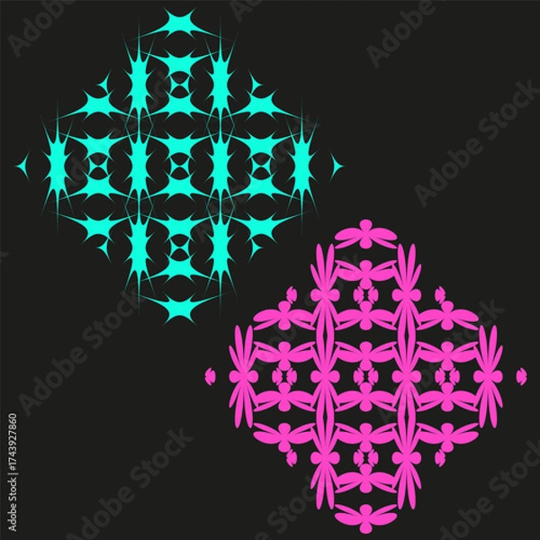 Fototapeta Vibrant geometric shapes. Two teal pink diamonds. Abstract square Vector elements. Dynamic contrast design.