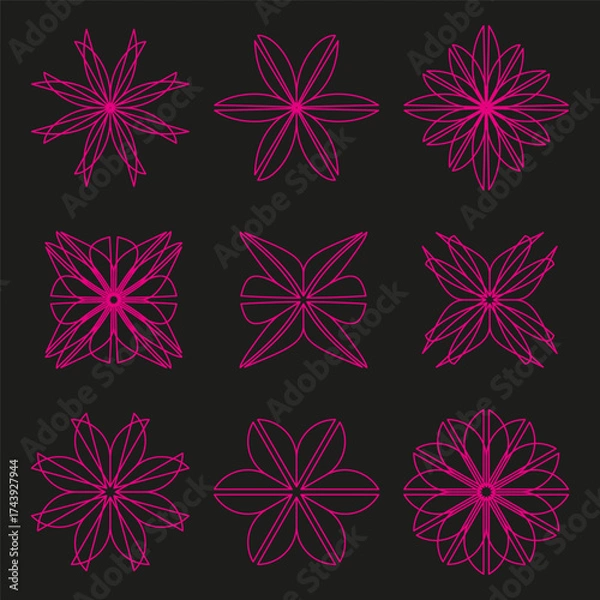 Fototapeta Twelve star flower icons. Abstract geometric shapes. Magenta pink color palette. Vector graphic set.