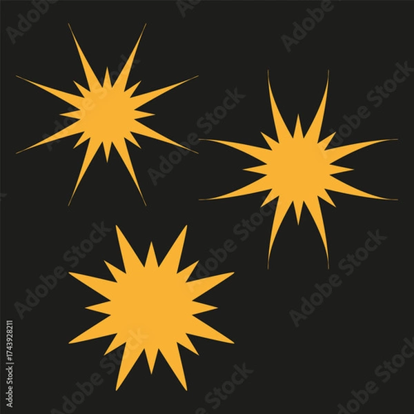 Fototapeta Three yellow starbursts. Bright explosion graphic. Dynamic light shape. Vector dark background