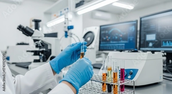 Obraz Scientist's hands holding test tube with liquid in laboratory with equipment, concept for pharmaceutical research, medical development and scientific testing