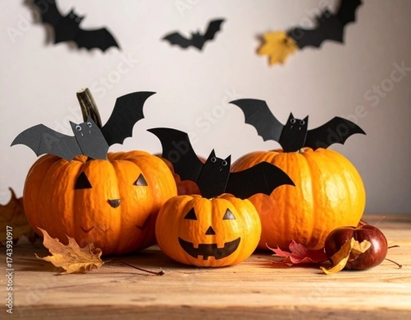 Obraz cute halloween pumpkin and bat