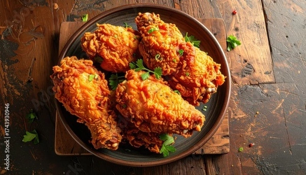 Fototapeta Crispy Fried Chicken on a Dark Plate with Rustic Wooden Background and Garnish High Angle View Delicious Meal Golden Brown Texture