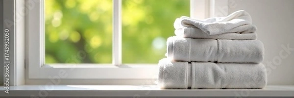 Fototapeta Fluffy White Towels, Sheets & Blankets Neatly Folded on Sunny Windowsill Cleanliness, Comfort, and Home Sweet Home