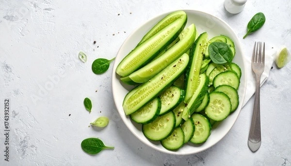 Fototapeta Cucumber Slices and Halves on White Plate in Soft Light Food Photography Fresh Green Cucumbers on Ceramic Surface Health Vegetarian Diet Kitchen Still Life