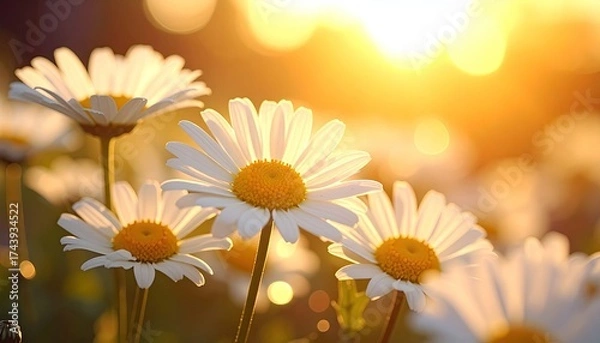 Fototapeta Daisy Flowers in Golden Sunlight with Bokeh Background Close Up View of White Petals and Yellow Centers Warm Glowing Light