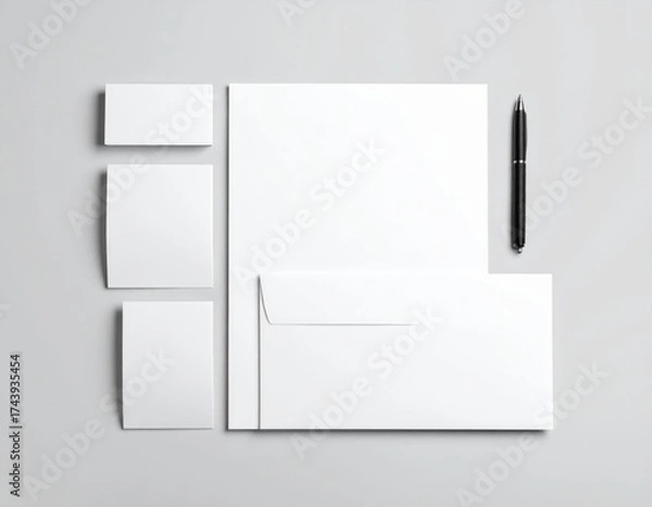 Fototapeta Blank Stationery Set Mockup on Light Grey Background for Business Branding with Overhead View