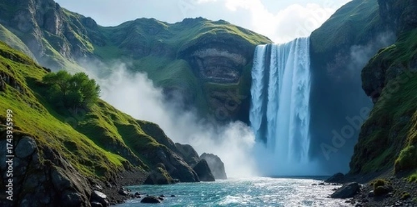 Fototapeta Majestic Waterfall Cascading Down Rugged Cliffs Breathtaking Sunlight, Tranquil Nature Scene