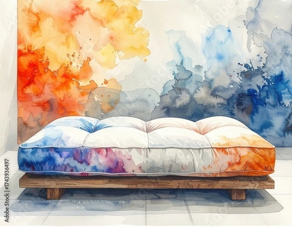 Fototapeta Watercolor Painting of a Wooden Couch with Colorful Abstract Background and Bright Lighting