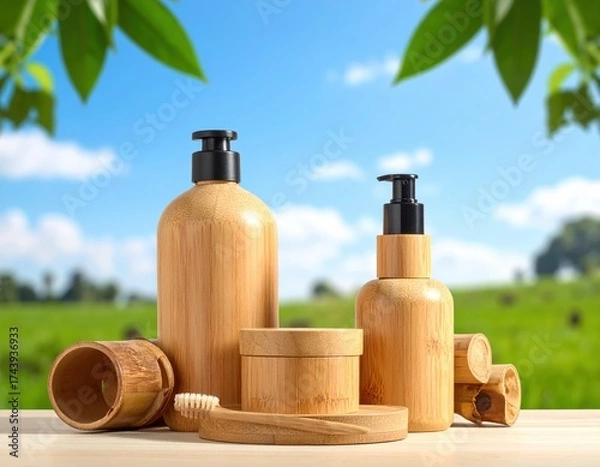 Fototapeta Eco-Friendly Bamboo Skincare Products Displayed Outdoors Against A Green And Blue Backdrop