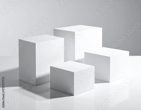 Fototapeta Arrangement Of Four White Cubes On Reflective Surface With Shadow Minimalist Composition