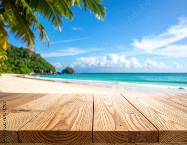 Fototapeta Wooden Tabletop with Coastal Beach Scene Under Bright Blue Sky and Palm Trees