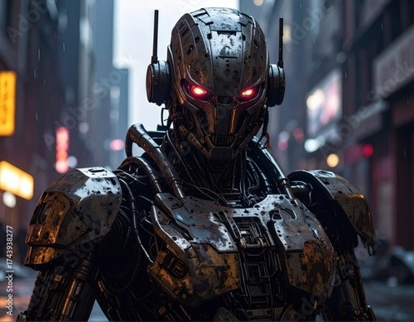 Fototapeta Metallic Robotic Figure with Glowing Red Eyes in a Narrow City Street with Rain Lighting