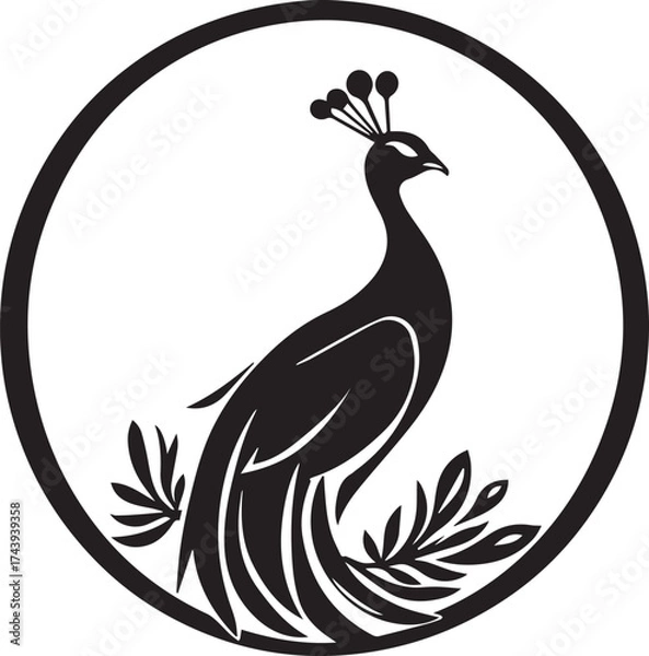 Obraz Peacock Silhouette in Circle Emblem Vector Illustration: Elegant Bird and Foliage Icon