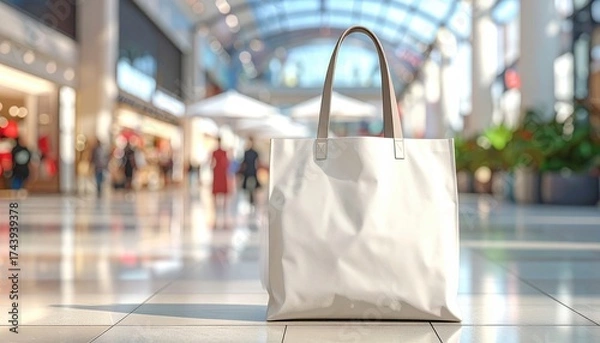 Fototapeta Blank White Shopping Bag in a Brightly Lit Shopping Mall Blurred Background People Walking