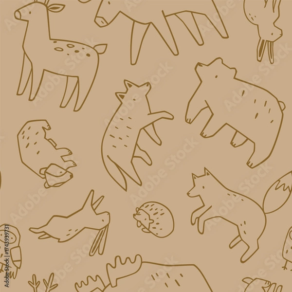 Fototapeta Beige pattern with wild animals. Seamless vector print with outline forest animals.