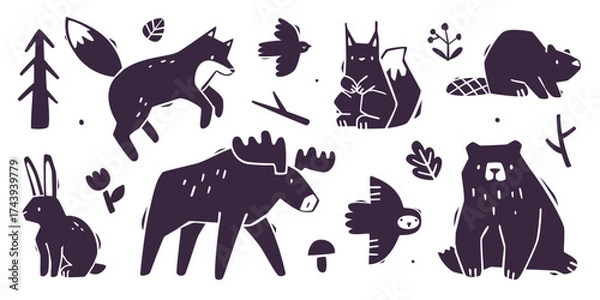 Fototapeta Forest animals abstract silhouette collection. Set of cutout wild animals.