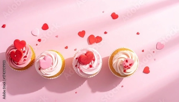Fototapeta Delicate Pink Cupcakes Topped with Heart Sprinkles on Pink Surface Flat Lay