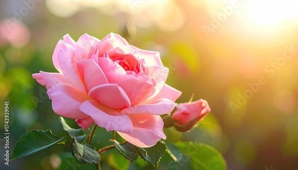 Fototapeta Delicate Pink Rose Bloom with Dew Drops in Golden Sunlight Macro Photograph