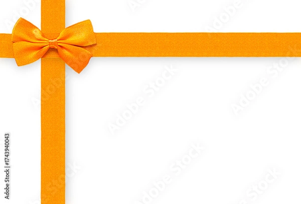 Obraz Bright satin orange ribbon and bow isolated on a transparent background, creating a gift-wrap design in the top-left corner. Excellent copy space for holiday, gift, or Autumn promotions