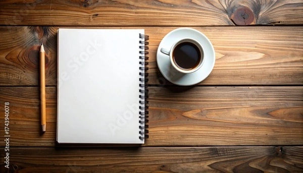 Fototapeta Spiral Notebook Coffee Cup and Pencil on Rustic Wooden Table Top with Overhead View