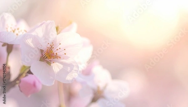 Fototapeta Delicate White Cherry Blossoms Under a Clear Blue Sky in Spring Season With Soft Natural Daylight and Focus on Floral Detail and Warm Glow and Light Flare