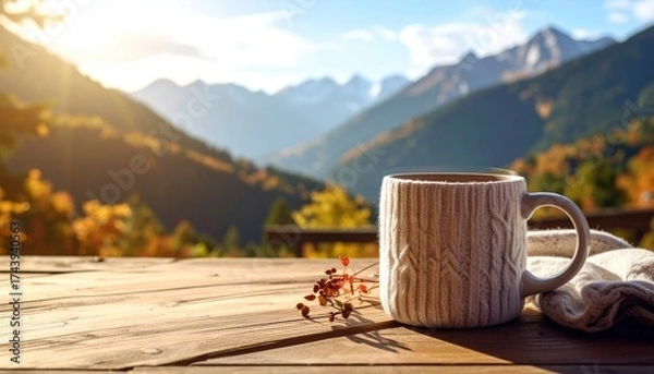 Fototapeta Cozy Knitted Mug On Wooden Table With Mountainous Autumnal Background in Golden Sunlight