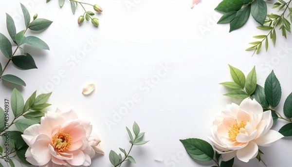 Fototapeta Elegant Floral Arrangement with Pastel Pink Flowers and Greenery on White Background