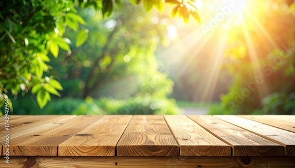 Fototapeta Sunlight Streams Through Green Foliage and Wooden Tabletop Outdoors Creating a Warm and Peaceful Atmosphere