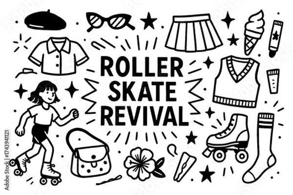 Fototapeta Roller skate revival doodle with groovy outfits and retro fashion elements, Transparent Background