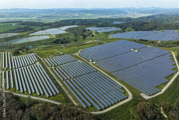 Fototapeta Aerial view of a large solar power plant in the Kushiro area, Hokkaido, Japan [EDITORIAL]