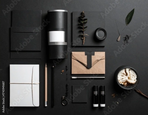 Fototapeta Arranged Black And Brown Stationary On Dark Surface Overhead View