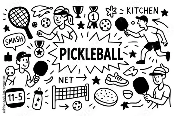 Fototapeta Pickleball doodle with players, paddles, balls, and court icons, Transparent Background