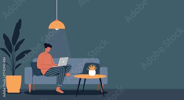 Fototapeta Man working on laptop from home on a couch Cozy remote work online learning or leisure activity