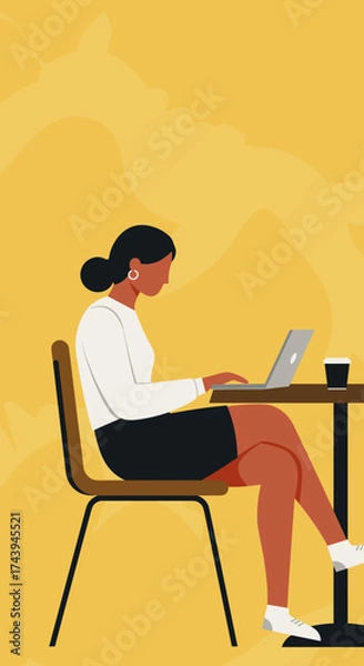 Fototapeta Focused woman working on laptop at a cafe table with coffee Remote work digital nomad lifestyle