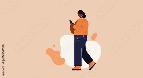 Fototapeta Woman walking while using smartphone Digital communication connectivity and modern lifestyle