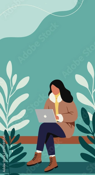 Fototapeta Digital nomad working remotely on laptop in a tranquil natureinspired setting