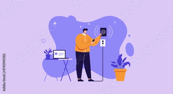 Fototapeta Man controls smart home device with smartphone Home automation IoT modern living technology concept