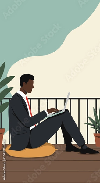 Fototapeta Businessman working on laptop on balcony Remote work flexible office lifestyle concept