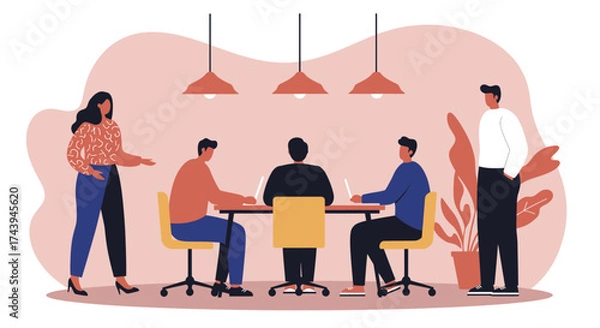 Fototapeta Business team collaborating in a modern office meeting space using laptops and discussing ideas