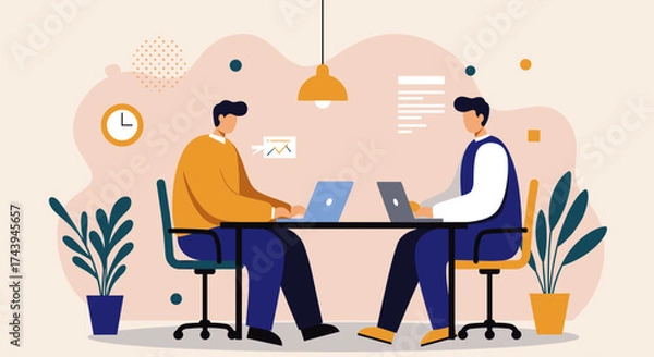 Fototapeta Two men collaborating on laptops in a modern office symbolizing teamwork and productivity